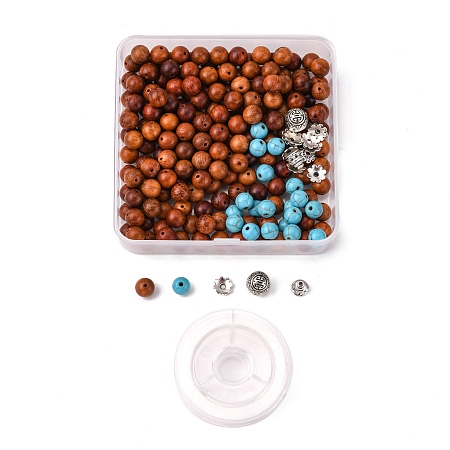 Honeyhandy DIY Mala Beads Bracelet Making Kit, Including Waxed Wooden Beads, Alloy Guru Beads, Synthetic Turquoise Beads, Wood Beads: 8mm, hole: 1.5mm, 200pc/box