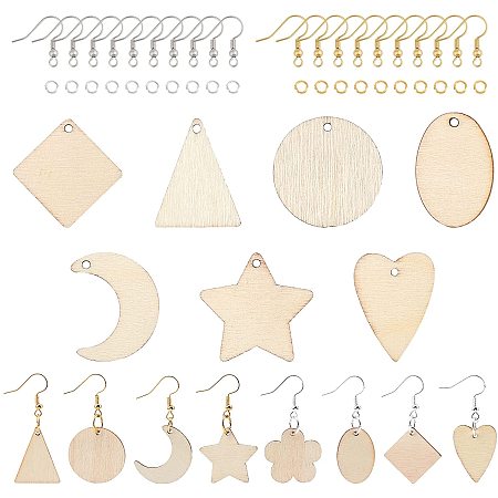 NBEADS 56 Pairs Unfinished Wooden Earring Pendants, 8 Styles Geometric Blank Moon Heart Poplar Wood Cutout Dangle Earring Making Kit with Jump Rings and Earring Hooks for Jewelry Crafts Making