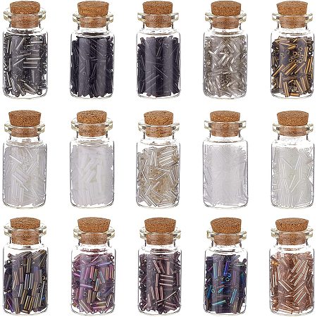 PandaHall Elite 15 Colors Mini Glass Wishing Bottles, 6x1.8mm Glass Bugle Bead Silver Lined Tube Seed Bead Loose Bead Bottles for Pendants Necklace Jewelry Making Home Decoration, 15 Bottles/Set