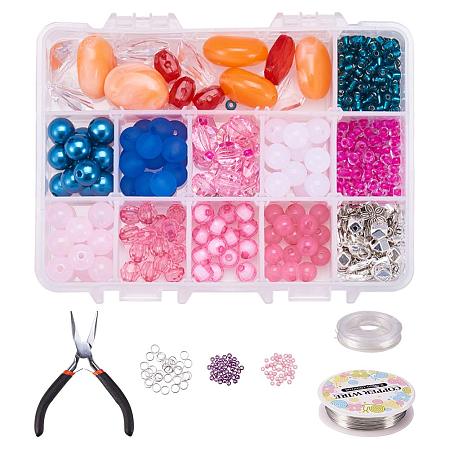 PandaHall Elite Jewelry Making Kit - 15 Styles Acrylic & Glass Beads, 2 Styles Tibetan Silver Spacer Beads, Lobster Claw Clasp, Flower Charms, Jump Rings, Elastic Wire, Pliers