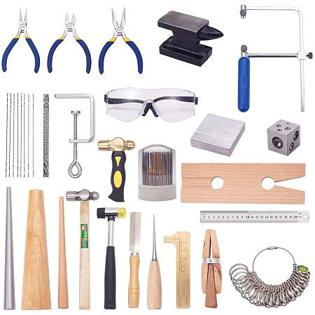 Arricraft 32 pcs Jewelry Making Tool Kits Including Ring Clamp Stick Mandrel Sizer Tool Jewelry Pliers Bead Awls Rulers Vernier Caliper Hammers Measuring Tool for Beginners
