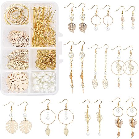 SUNNYCLUE 1 Box DIY Make 10 Pairs Leaf Pearl Earrings Starter Kit Including Leaf Charms Geometric Linking Rings Pearl Beads Earring Supplies for Women DIY Earring Jewellery Making Crafts