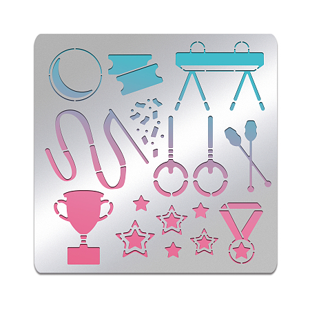 BENECREAT Sports Themed Pattern Stencil, 15.6x15.6cm Stainless Steel Trophies Medals Gymnastics Drawing Stencils for Wood Carving, Drawings and Woodburning and Scrapbooking Project