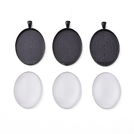 Honeyhandy DIY Pendant Making, with Electrophoresis Alloy Big Pendant Cabochon Settings and Transparent Glass Cabochons, Oval, Black, Cabochons: 40x30x7~9mm, Settings: 50x32x3mm, Hole: 6x4mm, 2pcs/set