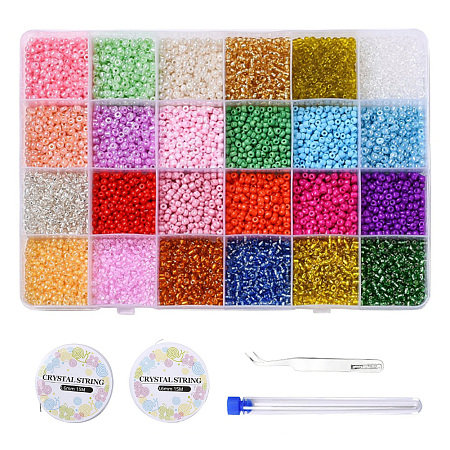 Honeyhandy DIY Jewelry Finding Kits, 3mm Round Glass Seed Beads, Including Tweezers, Steel Needles, Elastic Crystal Thread and Plastic Test Tube, Mixed Color, Beads: 6000Pcs/Box