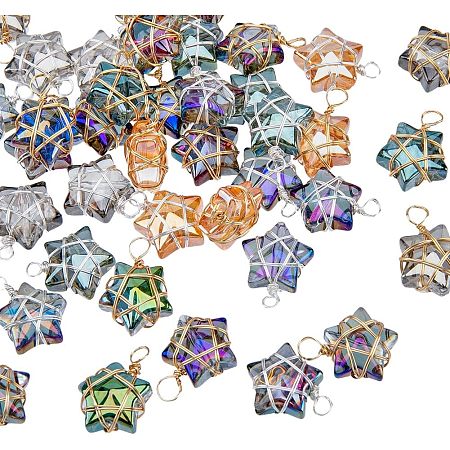 SUPERFINDINGS 40Pcs Wire Wrapped Star Pendants AB Color Electroplate Glass Charms Mixed Color Crystal Dangle Charms for Earring Bracelet Necklace Jewelry Making,Hole:1.5-2mm
