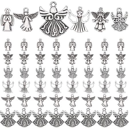 PandaHall Elite 72Pcs Angel Fairy Charms Pendants, 6 Styles Guardian Angel Charms Antique Silver Fairy Angel with Wing Lucky Charms for Necklace Bracelet Earrings Keychain Jewelry Making