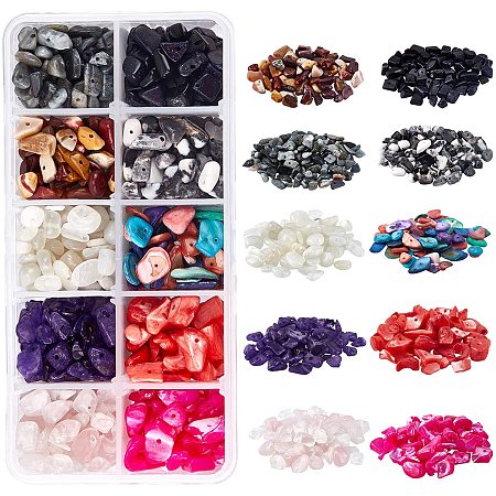 NBEADS 1 Box Gemstone Chips Beads, 10 Styles Natural Irregular Shaped Stone Beads and Dyed Shell Loose Beads for Jewelry Making, 4.5-15mm