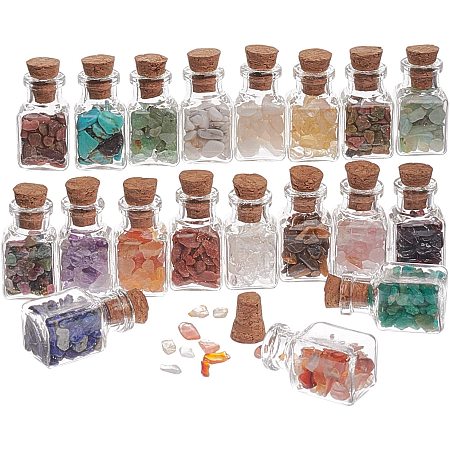 PandaHall Elite 19 Colors Mini Glass Wishing Bottles, Undrilled Tumbled Gemstone Crystal Chips Reiki Stones Set for Pendants Necklace Craft Supplies Candles Home Decoration, 19 Bottles/Set