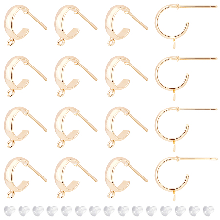 BENECREAT 16Pcs Real 18K Gold Plated Stud Earring Findings, Brass Half Hoop Earring Hook with Vertical Loops, 40Pcs Plastic Ear Nuts for Earring Jewelry Making