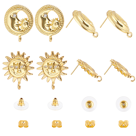 NBEADS 4 Pairs Sun & Moon Stud Earrings Findings, Brass Stud Earring with Cubic Zirconia 20 Pcs Ear Nuts Gold Brass Butterfly Earring Backs for Earring Jewelry Making