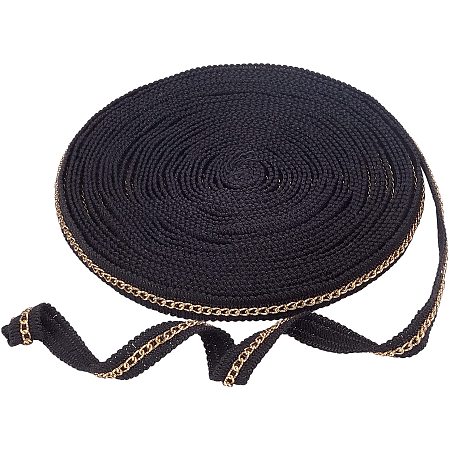 Pandahall Elite Polyamide Yarn Ribbon, with Aluminum Curb Chain, Flat, Black, 1/2