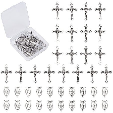 SUNNYCLUE 1 Box 40Pcs Antique Silver Tibetan Style Rosary Cross and Center Miraculous Medal with Alloy Crucifix Cross Pendants and Oval Chandelier Connector Link Charms for Rosary Jewelry Making