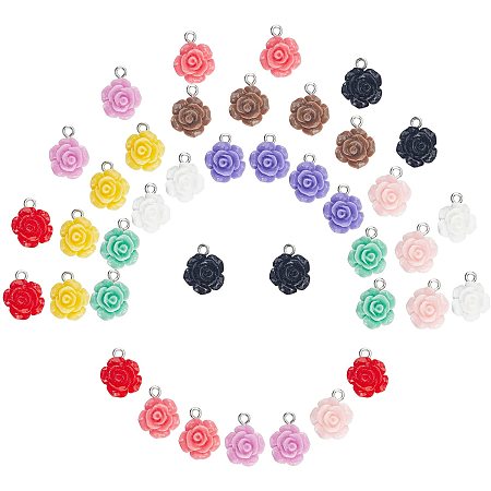 SUNNYCLUE 1 Box 40Pcs 10 Colors Rose Resin Pendants Flower Dangle Charms Carved Rose Colorful Beads Flat Back with Iron Loop for Bracelet Necklace DIY Jewelry Making Supplies Accessories