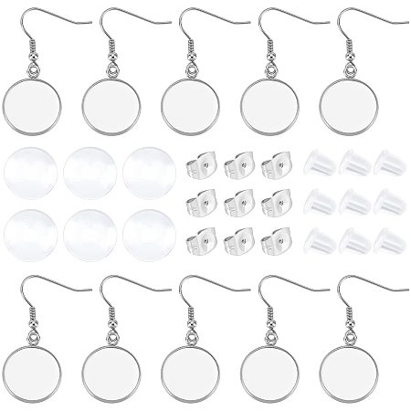 DICOSMETIC 30pcs Stainless Steel Earring Blank Bezels 16mm Flat Round Dangle Earring Trays Earring Wire Hooks with Cabochon Settings for Jewelry Making