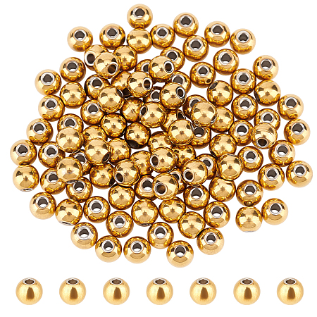 NBEADS 100 Pcs 304 Stainless Steel Round Beads, 4mm Metal Spacer Beads Golden Beads Smooth Loose Beads for DIY Bracelet Necklace Earring Jewelry Making, Hole: 1.2mm
