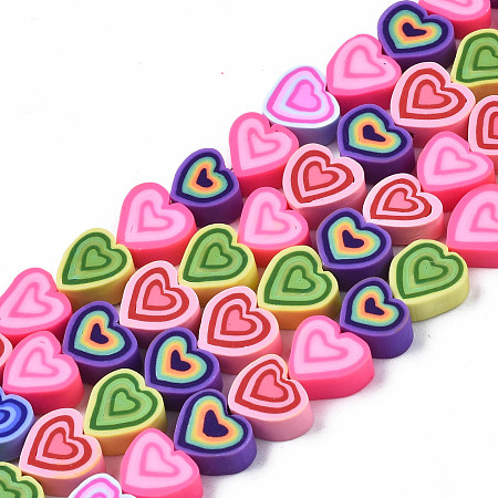 Honeyhandy Handmade Polymer Clay Beads Strands, for DIY Jewelry Crafts Supplies, Heart, Mixed Color, 7.5~11x7~11x4~5mm, Hole: 1.8mm, about 40pcs/strand, 13.39 inch~14.17 inch(34~36cm)