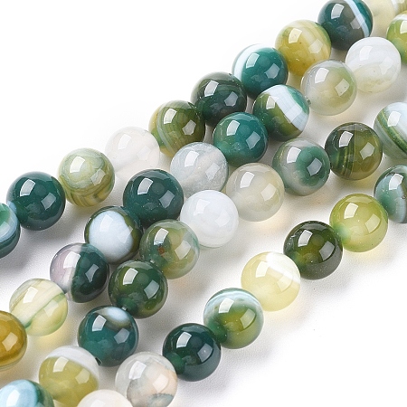 Natural Striped Agate/Banded Agate Beads Strands, Dyed & Heated, Round, Dark Green, 8mm, Hole: 1.2mm, about 47pcs/strand, 14.96 inch(38cm)