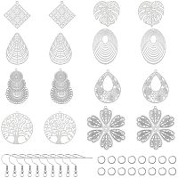 UNICRAFTALE 32pcs 8 Styles Earring Drop and Charm Pendant Stainless Steel Filigree Pendants Dangle Earring Making Kits Charm with Earring Hooks and Open Jump Rings 1.2-1.6mm Hole