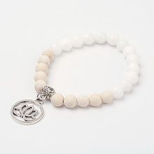 Honeyhandy Natural White Jade(Dyed) Beads & Weathered Agate Beads Stretch Bracelets, with Tibetan Style Lotus Pendants, White, 2 inch(53mm)