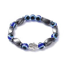 Honeyhandy Evil Eye Resin Beads Stretch Bracelets, with Non-Magnetic Synthetic Hematite Beads and Tibetan Style Alloy Beads, Hamsa Hand/Hand of Fatima/Hand of Miriam, Blue, 2-1/4 inch(5.7cm)