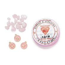 Honeyhandy 26Pcs Flat Round Initial Letter A~Z Alphabet Enamel Charms, 20G Natural Rose Quartz Chip Beads and Elastic Thread, for DIY Jewelry Making Kits, Pink, Alphabet Enamel Charms: 1 set/box