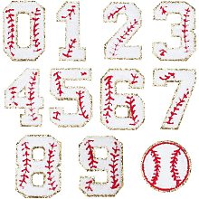 NBEADS 11 Pcs Number Iron on Patches, 0-9 Numbers Flat Tennis Shaped Applique Chenille Patches Embroidered Gold Baseball Style Patch for Clothes Dress Hat DIY Craft Supplies