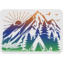 FINGERINSPIRE Camp Stencils 11.7x8.3 inch Plastic Mountains View Tent Boat Pine Tree Drawing Painting Stencils River Sun Pattern Stencils Reusable Stencils for Painting on Wood, Floor, Wall and Tile