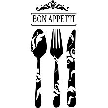 Arricraft Kitchen PVC Wall Stickers Bon Appetit Vinyl Wall Decal Tableware Pattern Wall Mural Removeable DIY Wall Decor for Kitchen, Dinning Room, Restaurant Decoration, Black 33.8x14.9in