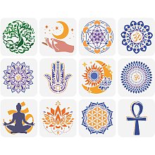 FINGERINSPIRE 12 Pcs Sacred Geometry Stencil 5.9x5.9 inch Mandala Themed Stencil Plastic Yoga Lotus Flowers Tree of Life Hamsa Hand Sun Moon Pattern Stencil Reusable Stencil for Home Wall Floor Decor