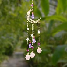 CHGCRAFT Natural Rose Quartz Pendant Decorations Moon Hanging Sun Catchers Moon Hanging Ornament for Car Rearview Mirror Home Decoration