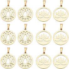 DICOSMETIC 12Pcs 2 Styles Yoga Lotus Flower Charm Yoga Meditation Charm Golden Hollow Lotus Charm Flat Round Charm with Clasp Stainless Steel Charm for Jewelry Making DIY Crafts, Hole: 5x2.5mm