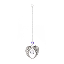 Honeyhandy Wing Alloy Big Pendants Decoration, Hanging Suncatchers, with Glass Teardrop Pendant and Octagon Bead, for Home Decoration, Antique Silver, 255mm