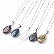 Honeyhandy Natural & Synthetic Gemstone Pendant Necklaces, with Brass Chains, teardrop, 17.3 inch(44cm), 1.5mm