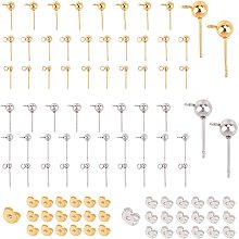 SUNNYCLUE 1 Box 60Pcs 6 Styles Ball Ear Studs Stainless Steel Earrings Post Round Ball Metal Stud Hypoallergenic with Loop Ear Nuts for Man Women Styling Dangle Findings, Golden Silver