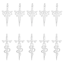 Unicraftale 12Pcs 2 Style 201 & 304 Stainless Steel Pendant, Hollow Charms, Sword & Sword with Snake, Stainless Steel Color, 47~54.5x21~25x1~1.5mm, Hole: 1.4~1.6mm, 6pcs/style