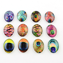 Honeyhandy Peacock Feathers Pattern Glass Oval Flatback Cabochons for DIY Projects, Mixed Color, 25x18x5mm