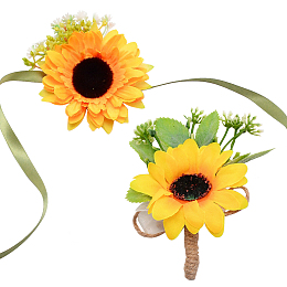 CRASPIRE 2 Pieces Sunflower Wrist Corsage Wedding Flowers Accessories Artificial Flower Wrist Boutonniere Buttonholes Flower Wrist Corsage Groom and Brides Wedding Flowers Accessories