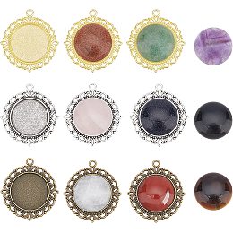 CHGCRAFT 9 Pcs 3 Colors Round Bezel Pendant Trays with 9 Pcs 9 Colors Natural Gemstone Cabochons 25mm DIY Round Pendant Tray Charm Bezel Blanks Setting for DIY Jewelry Making Necklace Bracelet