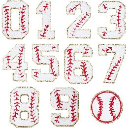 NBEADS 11 Pcs Number Iron on Patches, 0-9 Numbers Flat Tennis Shaped Applique Chenille Patches Embroidered Gold Baseball Style Patch for Clothes Dress Hat DIY Craft Supplies