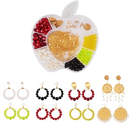 DIY Flat Round Drop Earring Making Kit, Including Brass Pendant & Stud Earring Findings & Hooks & Pin, Iron Jump Rings & Links, Alloy Links, Glass & Plastic & Natural Pearl Beads, Mixed Color, 210Pcs/set