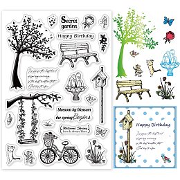 PandaHall Elite Spring Flowers Clear Stamps, Grass Butterfly Silicone Stamps Bike Tree Words Stamps Chair Rubber Stamps Spring Hiking Clear Stamps for Card Making Decoration and DIY Scrapbooking