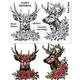 GLOBLELAND Deer and Roses Clear Stamp Animal Flower Silicone Clear Stamp for DIY Scrapbooking Supplies Embossing Stencils Template for Paper Card Craft Making Photo Album Decorative