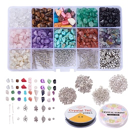 Honeyhandy DIY Jewelry Set Making, with Gemstone Chip Beads, Freshwater Shell Chips Beads, Tibetan Style Alloy Findings, Brass Jump Ring & Earring Hook, Iron Eye Pin & Head Pin, Elastic Crystal Thread, 17.4x10x2.15cm