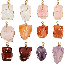 FINGERINSPIRE 12 Pcs Irregular Natural Gemstone Pendant Gold Plated Wire Wrapped Pendants Amethyst Quartz Green Red Aventurine Tiger Eye Pendants Healing Crystal Stone Charms for Jewelry Making