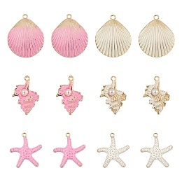 Arricraft 24Pcs 6 Style Spray Painted Alloy Pendants, Scallop & Conch & Starfish/Sea Stars, Mixed Color, 29~35x22~29.5x3~5mm, Hole: 2mm, 4pcs/style