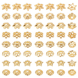 PandaHall Elite 160Pcs 8 Style Rack Plating Alloy Flower Bead Caps, 6-Petal, Lead Free & Cadmium Free, Long-Lasting Plated, Real 18K Gold Plated, 20pcs/style