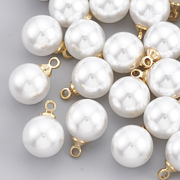 Honeyhandy ABS Plastic Imitation Pearl Charms, with Brass Findings, Round, Real 18K Gold Plated, 13.5x9.5x9.5mm, Hole: 1.6mm