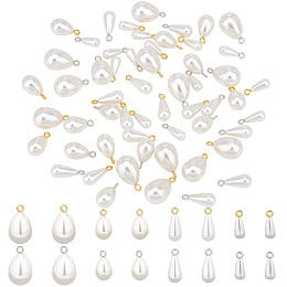 PandaHall Elite 64Pcs 8 Style ABS Plastic Imitation Pearl Pendants, with Alloy Loops, Teardrop, Platinum & Golden, 16~26x5.5~10mm, Hole: 1.8~2mm, 8pcs/style