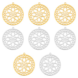 DICOSMETIC 8Pcs 2 Colors 201 Stainless Steel Pendants, Laser Cut, Hollow, Flat Round with Flower, Mixed Color, 34.5x32x1mm, Hole: 1.6mm, 4pcs/color